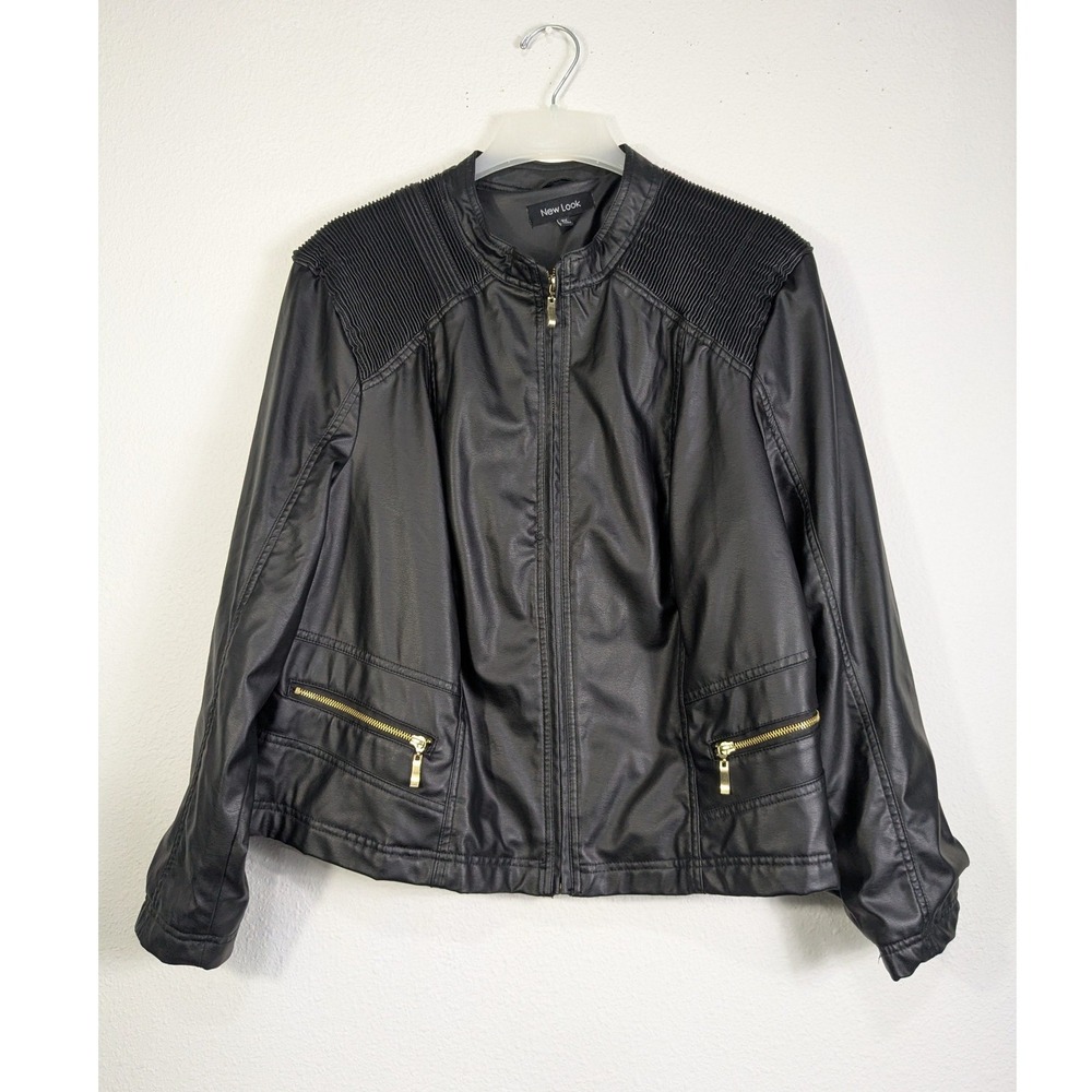 New Look Black Faux Leather Moto Jacket Ribbed Shoulder Gold Zip Plus Size 3X